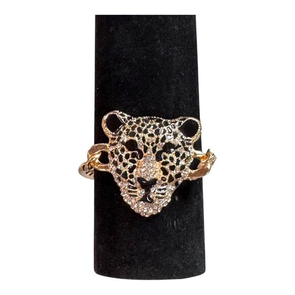 Gold-Tone Leopard Head Statement Bracelet Rhinestones & Black Enamel Detailing - Picture 2 of 10